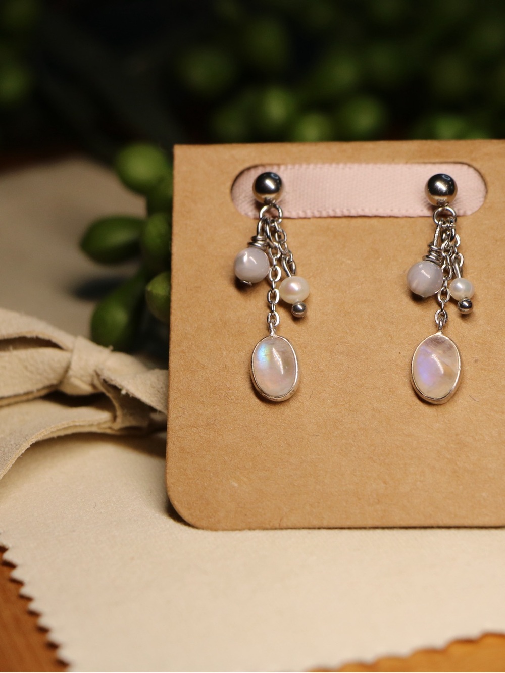 SS Moonstone Drop Earrings with Cultured Fresh Water Pearl Accents - Picture 3 of 3